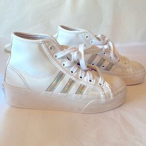Adidas high top platform sneakers white with silver iridescence stripes size 6